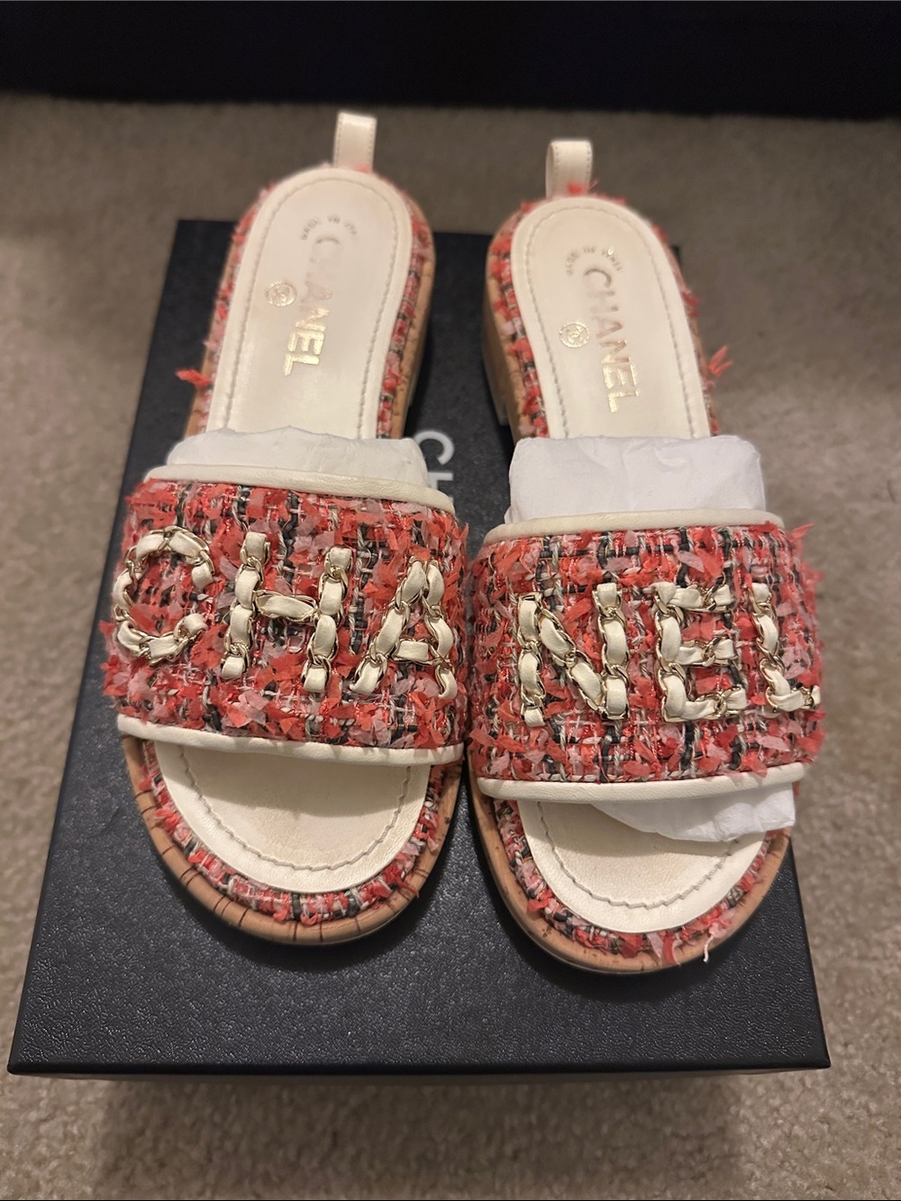 CHANEL Coral Tweed Slide Sandals with Gold Chain Logo